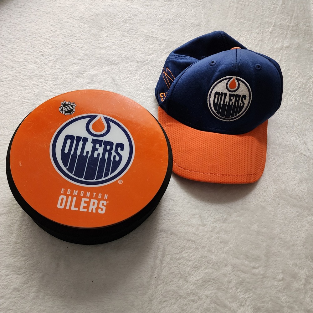 NHL Edmonton Oilers Hover Puck Toy + Youth Hat Blue Orange Draisaitl 29 Gear
